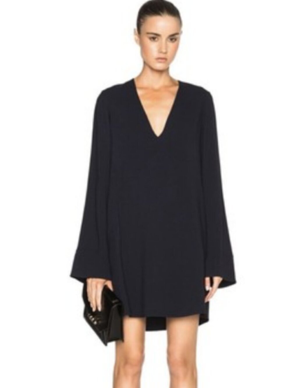 Helmut Lang Navy Blue Deep V Neck Shift Dress Womens S Wide Sleeve Pockets